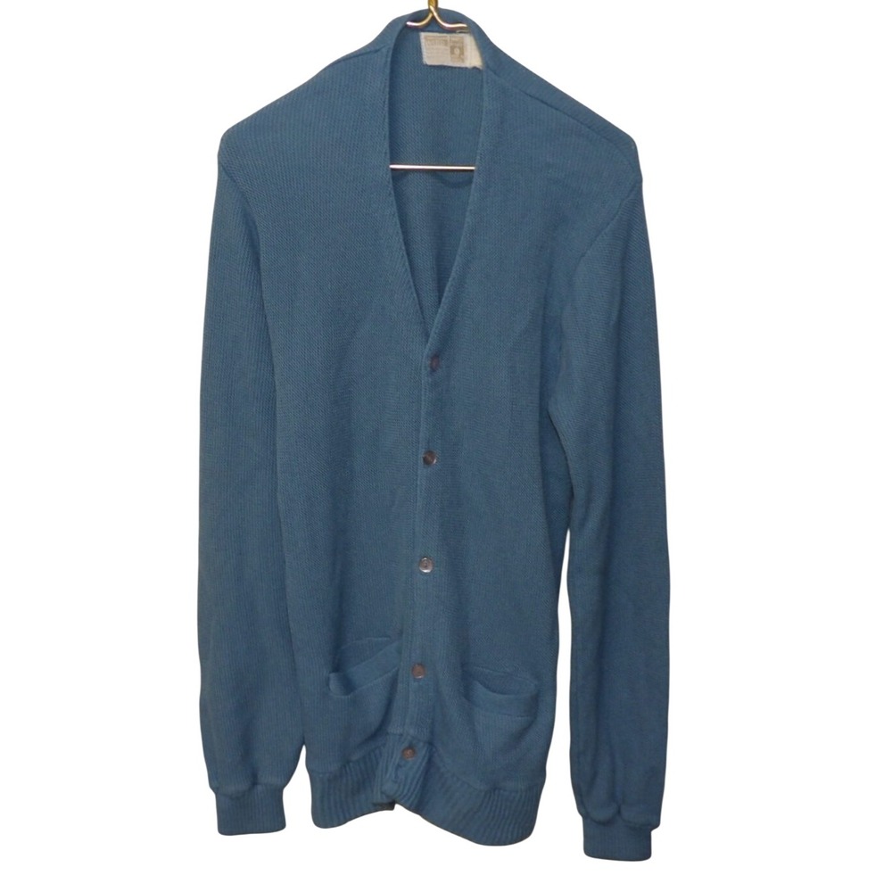 Vintage Wards The Fox Cardigan Sweater Mens Large Teal Blue V-Neck Button Up